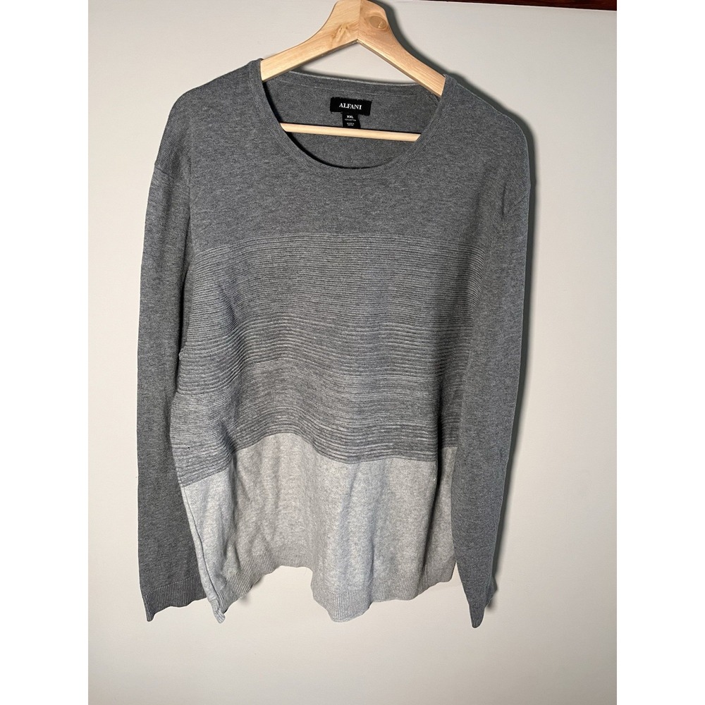 Alfani Mens XXL Gray Colorblock Textured Ribbed 100% Cotton Crewneck Sweater